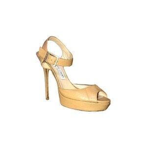 Jimmy Choo Peep Toe Platform Ankle Strap Stiletto Nude Python Leather Heels